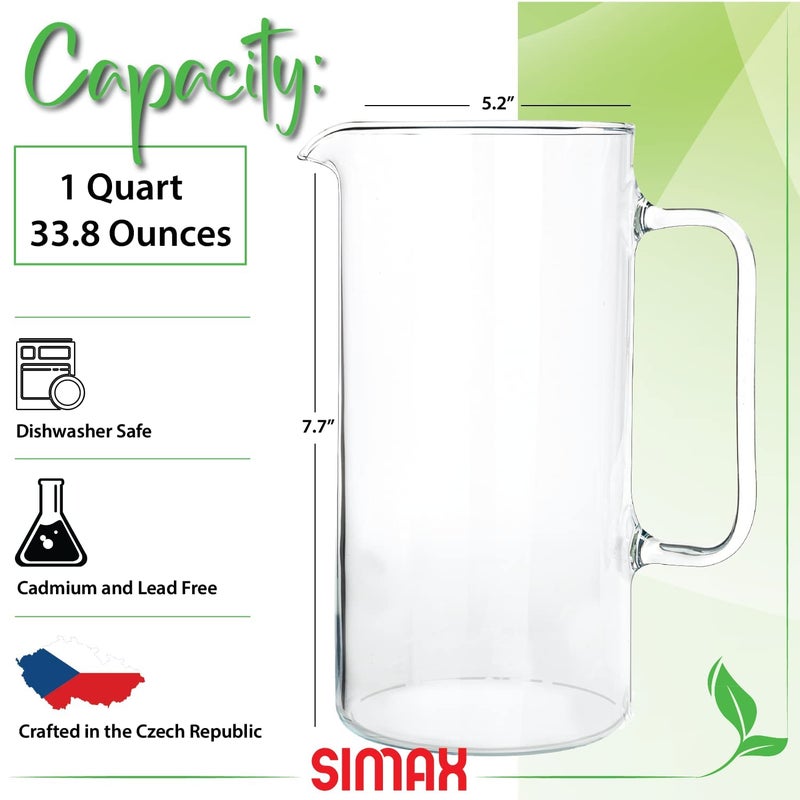 Simax Glass Pitcher, 32 Ounce (1 Quart) Borosilicate Glass, Hot and Cold Safe Iced Tea Pitchers for Drinks, Made in Europe Glass Water Pitcher, Cocktail Jug, Lemonade, Sangria - Image 2